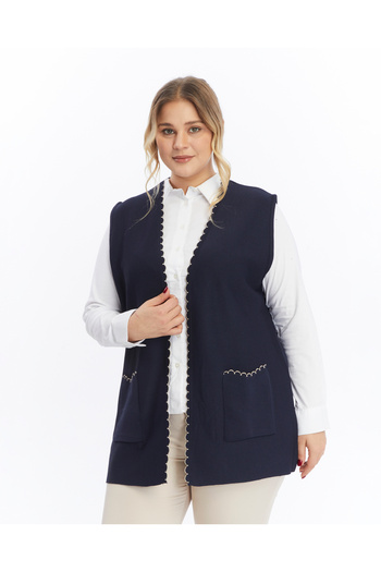 Elvin Knitwear Women's Large Size Mother Thick Non-Pilling Navy Blue Winter Vest