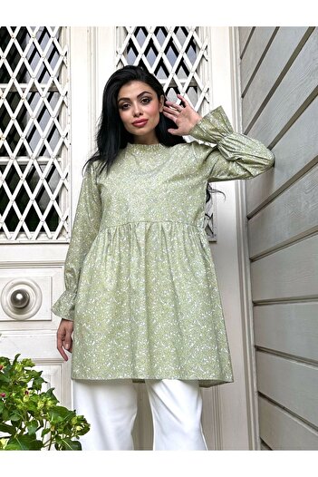 KÜÇÜĞÜM BUTİK Green Poplin Tunic - Ruffle Collar and Crispy
