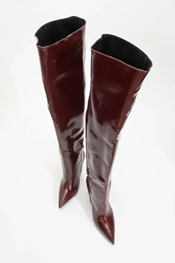 LuviShoes Cizme de damă CLEJA din piele lacuită bordeaux, cu toc subțire, peste genunchi