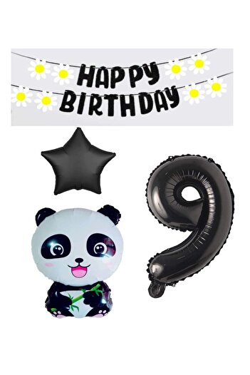 PARTY STORE Black Panda Birthday Banner - Star Figures Party Set, Age 9