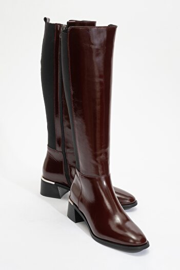 LuviShoes Rochos Burgundy Patent Leather Stretch Detailed Genuine Leather Women's Boots