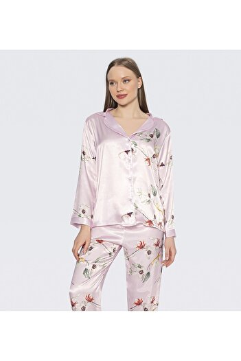 JENİKA Saten Uzun Kollu Çiçek Desen Düğmeli Pembe Pijama Takım