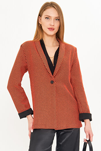 armonika Women's Orange Striped Sleeve Folded Single Button Stamp Coat Arm-25K 001106