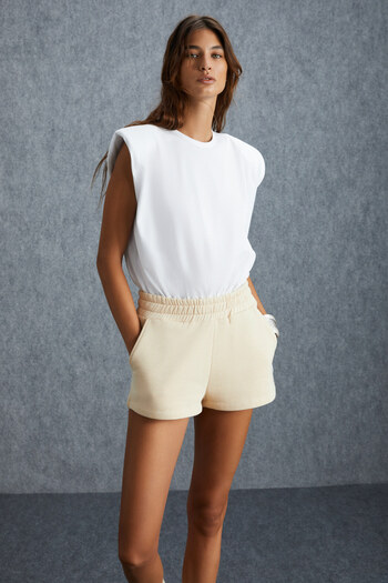 GRIMELANGE Danıxa Women's 3 Thread Ribbed Mini Cream Shorts with Ornamental Label Detail