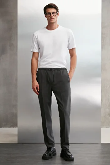 GRIMELANGE Blaz Men's Woven Elastic Waist Slim Fit Cut Cord Pocket Anthracite Trousers