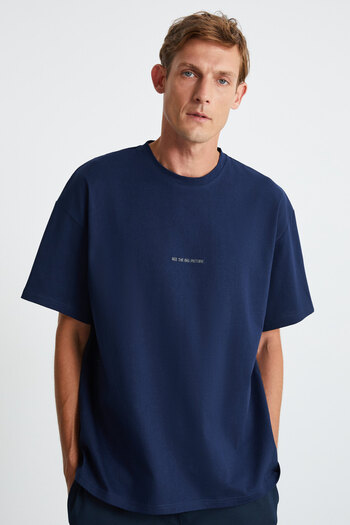GRIMELANGE River Ανδρικό μπλουζάκι Oversize Fit Loose Cut Κεντημένο Basic πλεκτό Navy Blue