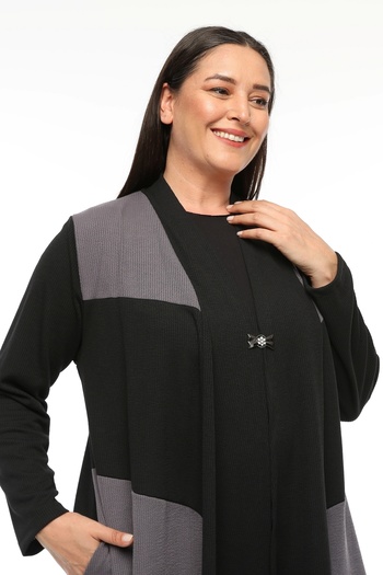 Laden Large Size Mother Flowy High Quality Knitted Seasonal Women's Black Asymmetrical Cardigan