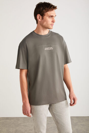 GRIMELANGE Lorenzo Men's Special Rustic Textured 100% Organic Cotton Button Detailed Regular Gray T-Shirt