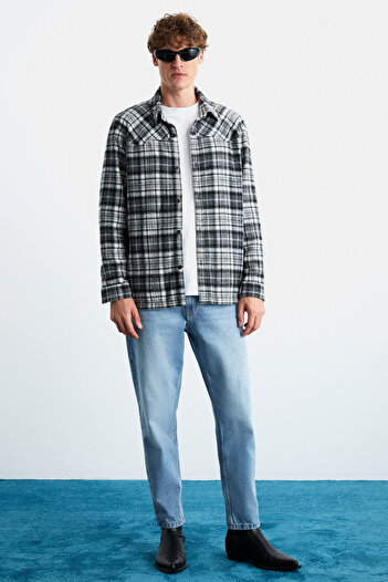 GRIMELANGE Ανδρικό βαμβακερό πουκάμισο - Allenı Black Relaxed Lumberjack Collar