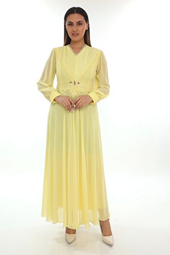 lodmela Plus Size Dress with Pleat and Bead Detail 2213- Yellow