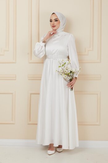 Olcay Flared Evening Dress with Belt Accessory EKRU 1602