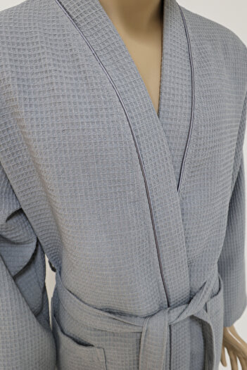 AİRYCOT Men's Silver Gray Pique Bathrobe Dressing Gown - with Intermediate Piping