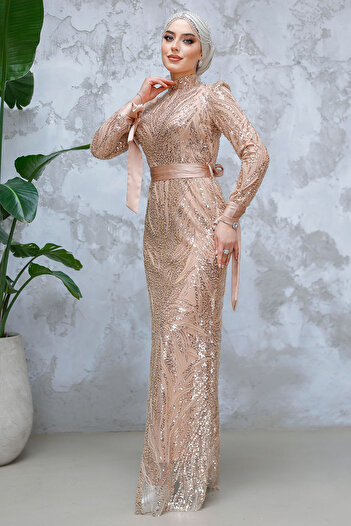 Neva Style Beaded Salmon Hijab Evening Dress 47631Smn