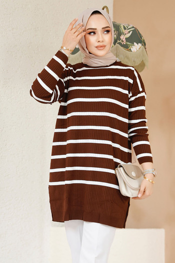 Neva Style Striped Brown Hijab Knitwear Sweater Tunic 54151Kh