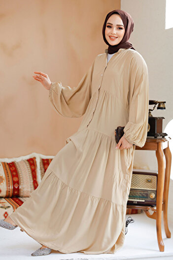 Neva Style Μπεζ Πλισέ Φόρεμα Hijab - 20612BEJ