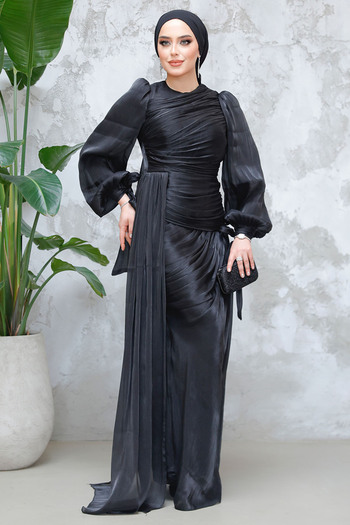 Neva Style Black Hijab Evening Dress with Tail Detail 48491S