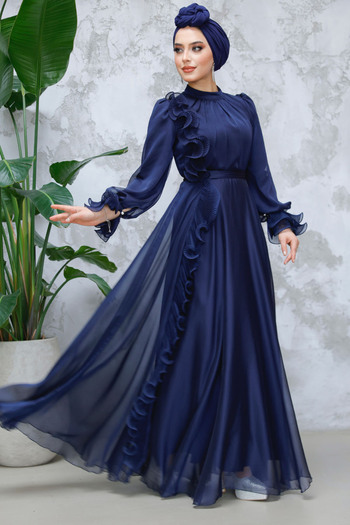 Neva Style Ruffle Detailed Navy Blue Hijab Evening Dress 48571L