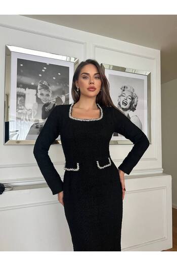 1Moda1Tarz Γυναικείο φόρεμα ειδικής σχεδίασης με λεπτομέρεια από εισαγόμενο ύφασμα τουίντ