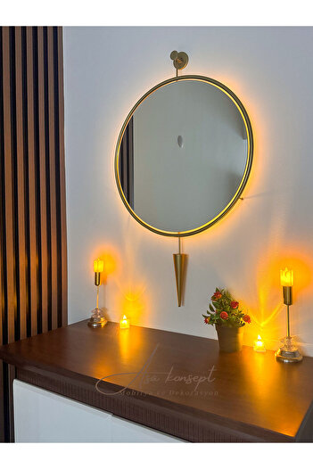 ASA KONSEPT Pilli Led'li Kazablanka Ayna Gold 60 X 95Cm Kablosuz Dekoratif Antre Dresuar Ayna Makyaj Aynası
