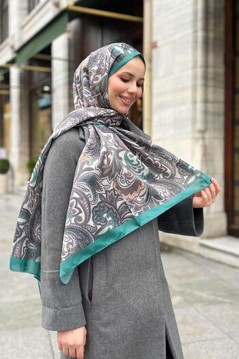 Sultan Soft Pamuk Şal - Retro Desen - SLT3078-19 - Taş, Yeşil, Gri