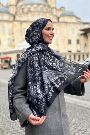 Sultan Soft Cotton Shawl - Shawl Pattern - Slt3079-19 - Black, Grey