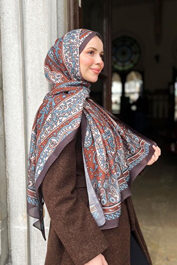 Sultan Soft Pamuk Şal - Otantik Desen - SLT2890-04 - Mavi, Kiremit