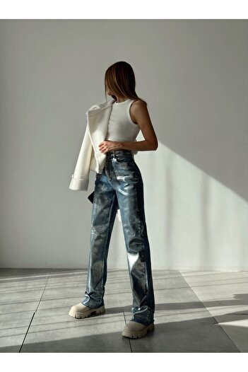 Diviny Blue Silver Metallic Shiny Wide Leg Covering Jeans