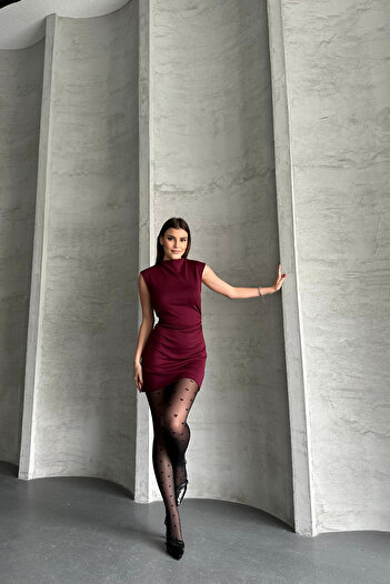 Diviny Women's Burgundy Zero Sleeve Side Shirring Detail Mini Dress