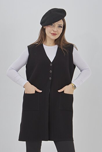 Fresh&Moda Women's Long Seasonal Knitwear Lycra Flexible Pocket Buttoned Vest