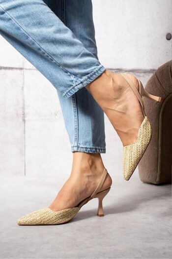 Everest Women's Stiletto Thin Toe Beige Straw Slingback Heeled Shoes 7cm