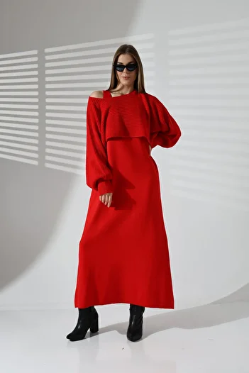 ALCHON Thessaloniki Braided Boat Neck Sweater and Loose Ankle Length Dress - Double Knitwear Set