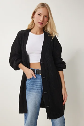 Happiness İstanbul Schwarzer Oversize-Strickcardigan mit Ballonärmeln für Damen DD01033