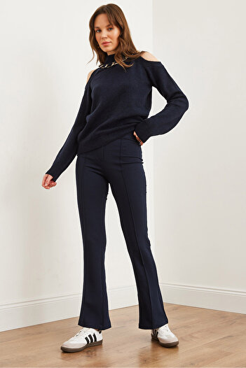 Olalook Women's Navy Blue Single Button Front Stitched Stretchy Pants Pnt- 19000310
