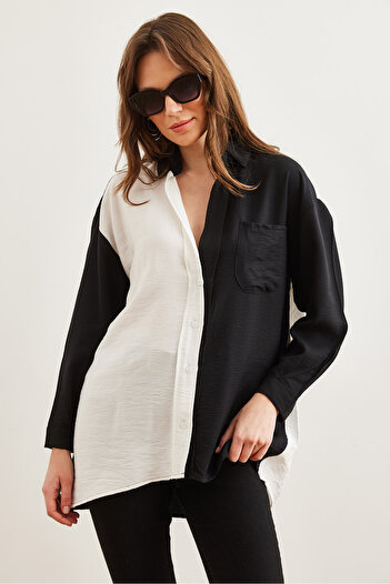 Olalook Women's Black and White Color Block Oversize Lilies Shirt Gml- 19001268