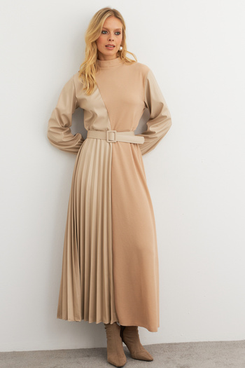 Cool & Modest Women's Vanilla Faux Leather Blocked Pleated Maxi Dress Malz100