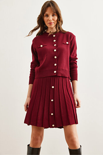 Olalook Women's Burgundy Button Detailed Top Cardigan Bottom Pleated Skirt Knitwear Set Tkm- 19000332