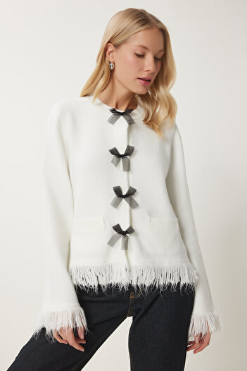 Happiness İstanbul Women's Bone Bow Tasseled Stylish Knitwear Cardigan Us00952
