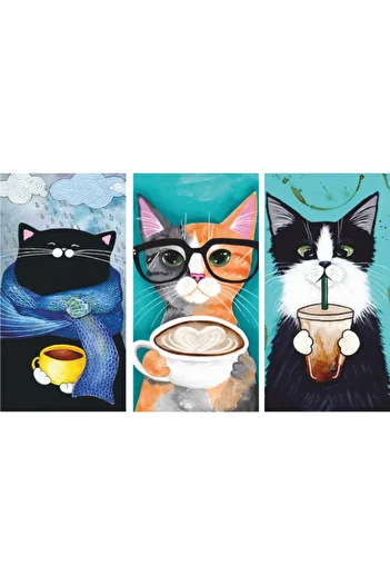 Hayat Poster Coffee Icén Cats 3 Piece Wooden Painting Uv Printing Set