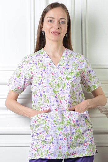 ModaCanel Fashion Canel V-Neck Ladies Purple Fuchsia Colorful Butterflies Decorated Medical Jersey Top Jacket
