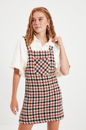 Trendyol Collection Ecru Mini Woven Plaid Patterned Gilet Dress TWOAW20EL0208