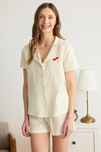 Trendyol Collection Cherry Embroidered 100% Cotton Ecru Muslin Pajama Set - Thmss25Pt00032