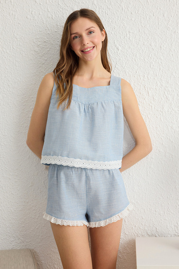 Trendyol Collection Set pijamale din popelin brodat din bumbac albastru THMSS25PT00028