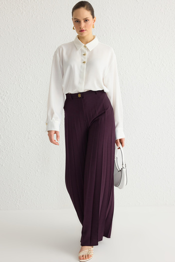 Trendyol Modest Plum Woven Wide Leg Pleat Detail Fabric Pants Skirt Tctaw25Tp00001