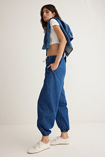 Trendyol Collection Dark Blue Elastic Waist High Waist Balloon Jogger Jeans Twoss25Je00008