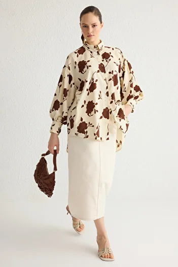 Trendyol Modest Μπεζ φλοράλ υφή Υπερμεγέθη πουκάμισο TCTSS25TG00001