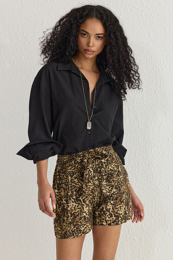 Trendyol Collection Brown Relaxed Fit Belted Leopard Print Woven Shorts Twoss25Sr00008