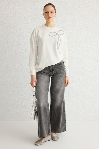 Trendyol Modest Ecru 2 fonal, nem emelt kötött pulóver TCTSS25TW00002