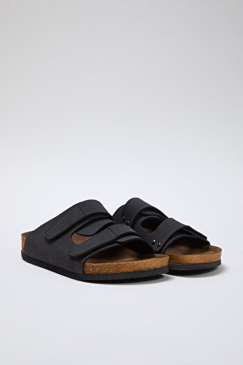 TRENDYOL SHOES Black Double Velcro Strappy Flat Women's Slippers Takss25Te00002
