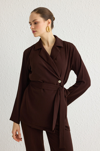 Trendyol Modest Καφέ λινό look με διπλό στήθος υφαντό στο κάτω μέρος TCTSS25US00001