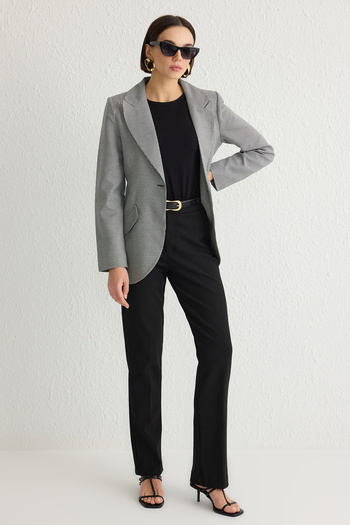 Trendyol Collection Black Houndstooth Pattern Polyviscose Blazer Jacket Twoss25Bc00013